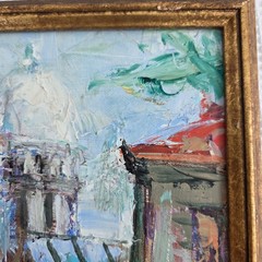 Vintage Abstract Original City Scape Blue Gold Oil Painting Art 10″ x 13″