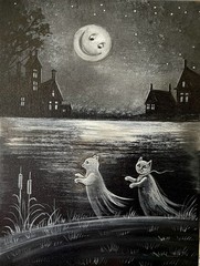 ACEO PRINT OF PAINTING RYTA HALLOWEEN BLACK CAT MOON Folk Art house haunted lake