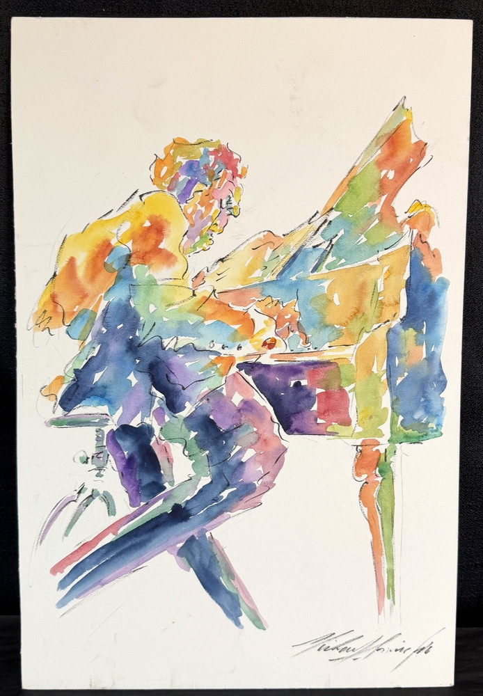 MICHAEL SMIROLDO JAZZ PIANO Player New Orleans WATERCOLOR PAINTING 15″x10″