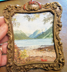 PRUE MATTHEWS ARTIST MINIATURE FRAMED OIL ON BOARD «LAKE ROTOITI» NELSON LAKES