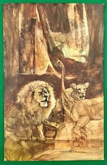 Vintage 1970s LION Original Signed PAINTING Africa ILLUSTRATION ART Lions