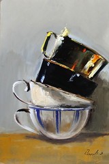 VINTAGE WHITE and gold cups Oil Painting 8x12in UKRANE