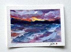 Original ACEO Miniature Seascape Sunset Sky Ocean Dulce Maria Rico»VIOLET HOUR»