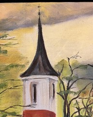 Vintage Rural Church Oil Painting Landscape Homes People Trees Jeannette Lemay