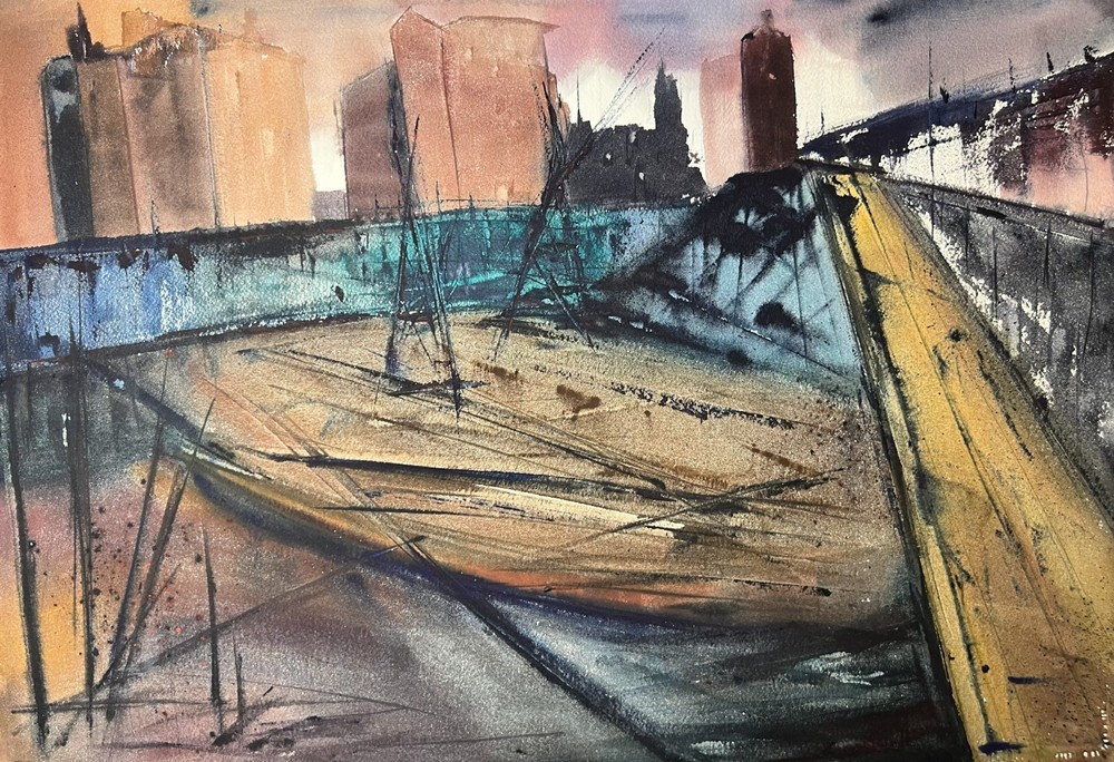 Abstract Cityscape–Charlotte Hoffman–Medium Size Watercolor–Mid 20th NY Artist