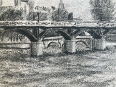 1970 Charcoal Drawing on Paper Paris Seine Quay Notre-Dame Pont Neuf Urban Art
