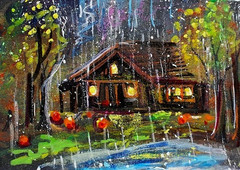 ACEO Original Painting TREE Autumn CABIN Rain Landscape FALL Pumpkins ATC ART