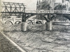 1970 Charcoal Drawing on Paper Paris Seine Quay Notre-Dame Pont Neuf Urban Art