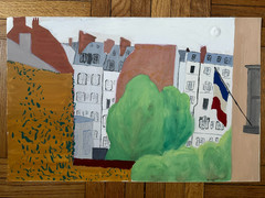French 1940s Original Watercolor Gouache Painting Landscape Paris Street 19×12