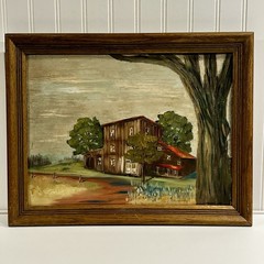 Vtg AMERICANA Homestead Landscape Oil PAINTING 18” X 14.5” FRAMED ART MCM Signed