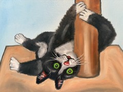 Original oil painting New 11 x 14 inches cute and sweet black cat having fun!!