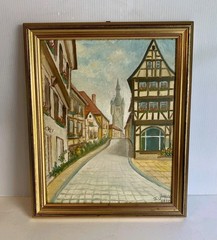 Vintage Original Framed European German Village Streetscape Painting Signed 1988