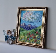 Framed Rocky Mountain Red Flowers Landscape 5×7” Impasto Oil Painting Original