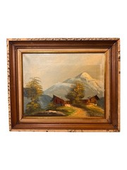 Vintage 1950s Signed Oil painting Canvas Mountain Red Cabin Trees 18 X 15”
