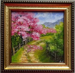 Original Oil Painting Spring Landscape with Sakura Village Road 4 x 4 in