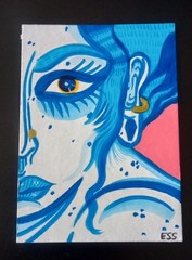 Tiny Art Club OOAK Abstract Blue Girl Painting By ESS22, 3.5 x 2.5 in., Unframed
