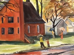 Vintage Rural Church Oil Painting Landscape Homes People Trees Jeannette Lemay