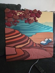Rollex Abstract Landscape Painting Hills Trees House Water Nature Unframed