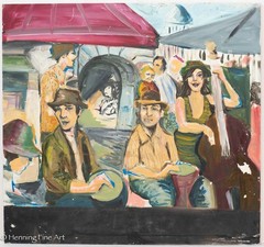 Vintage Modernist Painting of Musicians in Paris Colorful Scene 21.25×22.75″