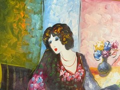 T. Denver Oil Painting of Two Women at a cafe unframed and Signed 16 x 20