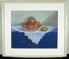 Fong Ling Pastel Painting Drawing Strawberries in Bowl Framed 19 W 16-1/2in Tall