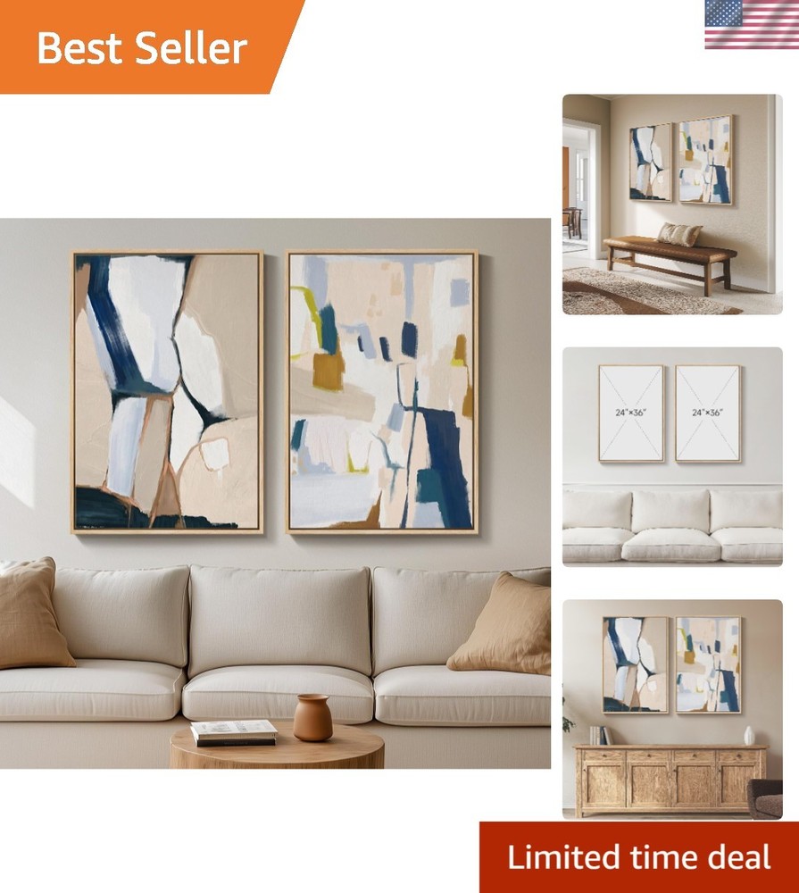 Framed Neutral Abstract Art Set for Bedrooms & More, 24×36 In – Easy to Hang