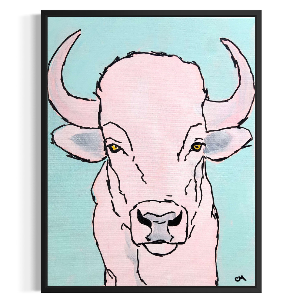 Original Abstract 11×14 Buffalo Acrylic Canvas Painting Signed Blue Wall Art