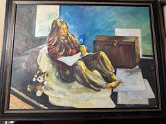 Large Vintage «Girl Reading Scene» Oil On Board Painting – Framed
