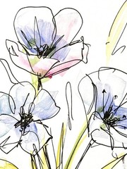 Original Abstract Expressionism 9X12 Lt Blue Flower Paper Ink Handmade Signed 13