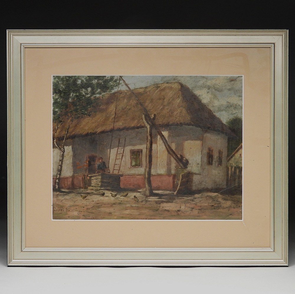 19thC. Illegibly Signed European Woman At Well W/ Chickens Landscape Painting