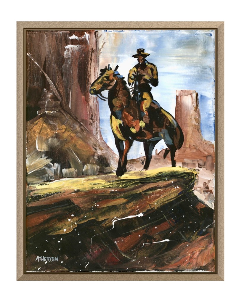 Atherton 11×14 Original Abstract Cowboy Sheriff Painting «Cliff Rider» signed
