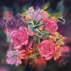Original hummingbird floral painting bumblebee ladybug bouquet flowers gift USA