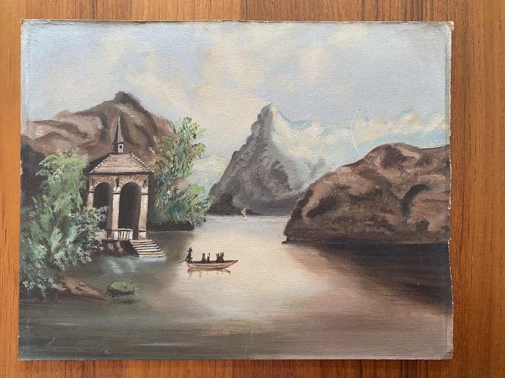 Vtg Oil Painting of Chapel Gazebo on a Swiss River on Slate Board Water Mountain