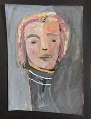 Portrait Painting Original Pink Gray Grungy Naive Woman Wall Art Miz Katie