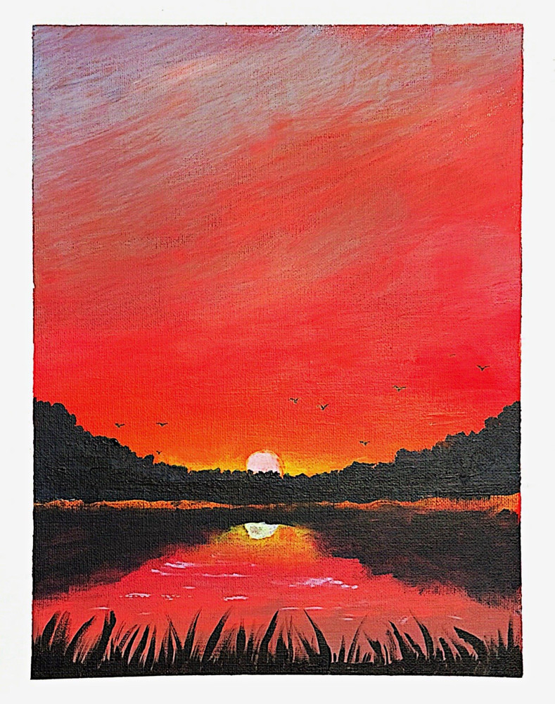 Sunset Landscape Painting, Contemporary Art, Unframed, Lake Trees Birds, 11×14