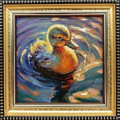 Duckling Original Oil Painting 4×4 Framed Signed Cute Baby Duck Water Pond Art