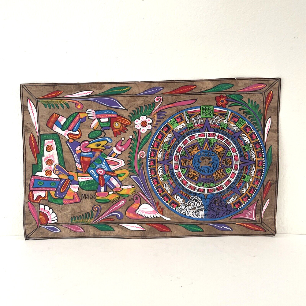 Vintage Mexican Folk Art BIRD FLOWERS Painting on Bark Paper