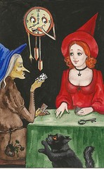 PRINT OF PAINTING HALLOWEEN RYTA FOLK ART BLACK CAT WITCH CLOCK MAGIC pagan 🎃
