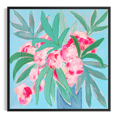 Original Abstract 12″ Acrylic Floral Canvas Signed Blue Teal Botanical Wall Art