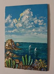 Framed Cacti Seashore Mexican Seascape Sailboats Art 4×6” Oil Painting Original