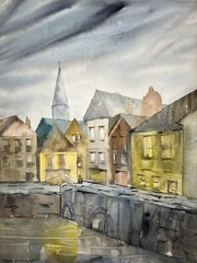 Cityscape with Bridge-Charlotte Hoffman–Watercolor–Mid 20th Century American Art