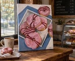 Pink Donut Painting Bakery Wall Art Kitchen Decor Framed Canvas 20 X 24”