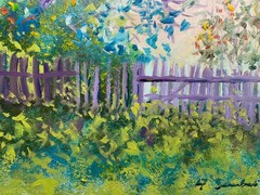 Original Oil Painting Colorful Garden Fence Landscape 12×16 Andrew Semberecki