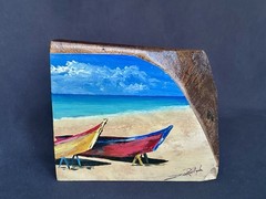 Painting On Wood 4.5″x 5.5″ Signed Folk Art Tropical Boat Scene Coastal Decor