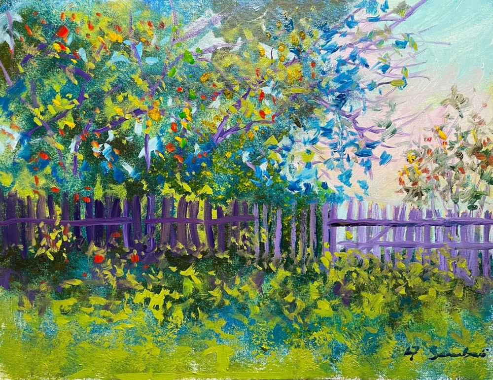 Original Oil Painting Colorful Garden Fence Landscape 12×16 Andrew Semberecki
