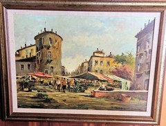 VINTAGE OIL PAINTING SMALL TOWN FARMER’S MARKET 33”x 26” FRAMED – NICE!