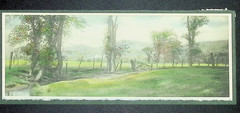 Antique Panoramic Watercolor Painting Mountain Valley Meadow Farm Gate unsigned