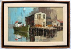 Signed Oil Painting On Board By Edward J. Elhoff Mid-Century Painting GLOUCESTER