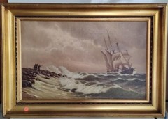 JOHAN NEUMANN ANTIQUE ORIGINAL l 1918 Oil Painting Ship Seascape SIGNED 32 x 23