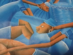 Orig Art Large Blue Haitian MARKET Painting Surrealist OLIBRICE Casimir style